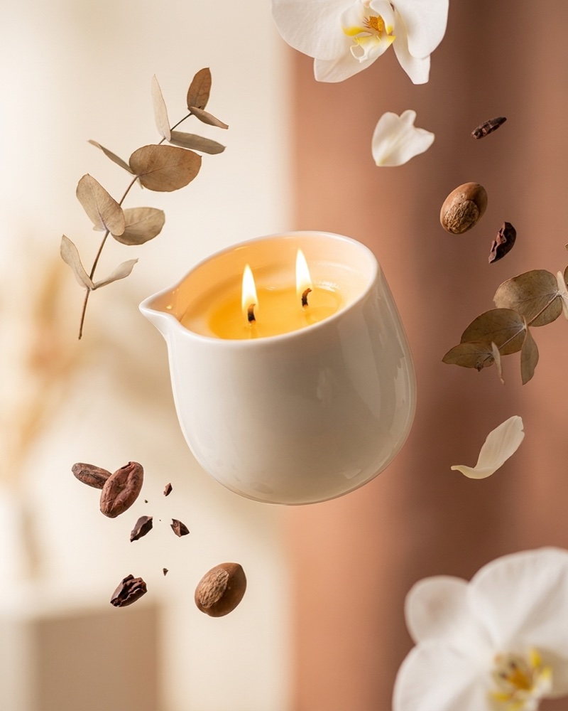 Bougie de massage allumée, feuilles et amandes en suspension sur fond terracotta