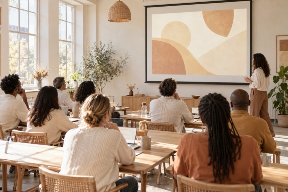 Session de formation IA dans une salle claire, participants face à un écran de projection